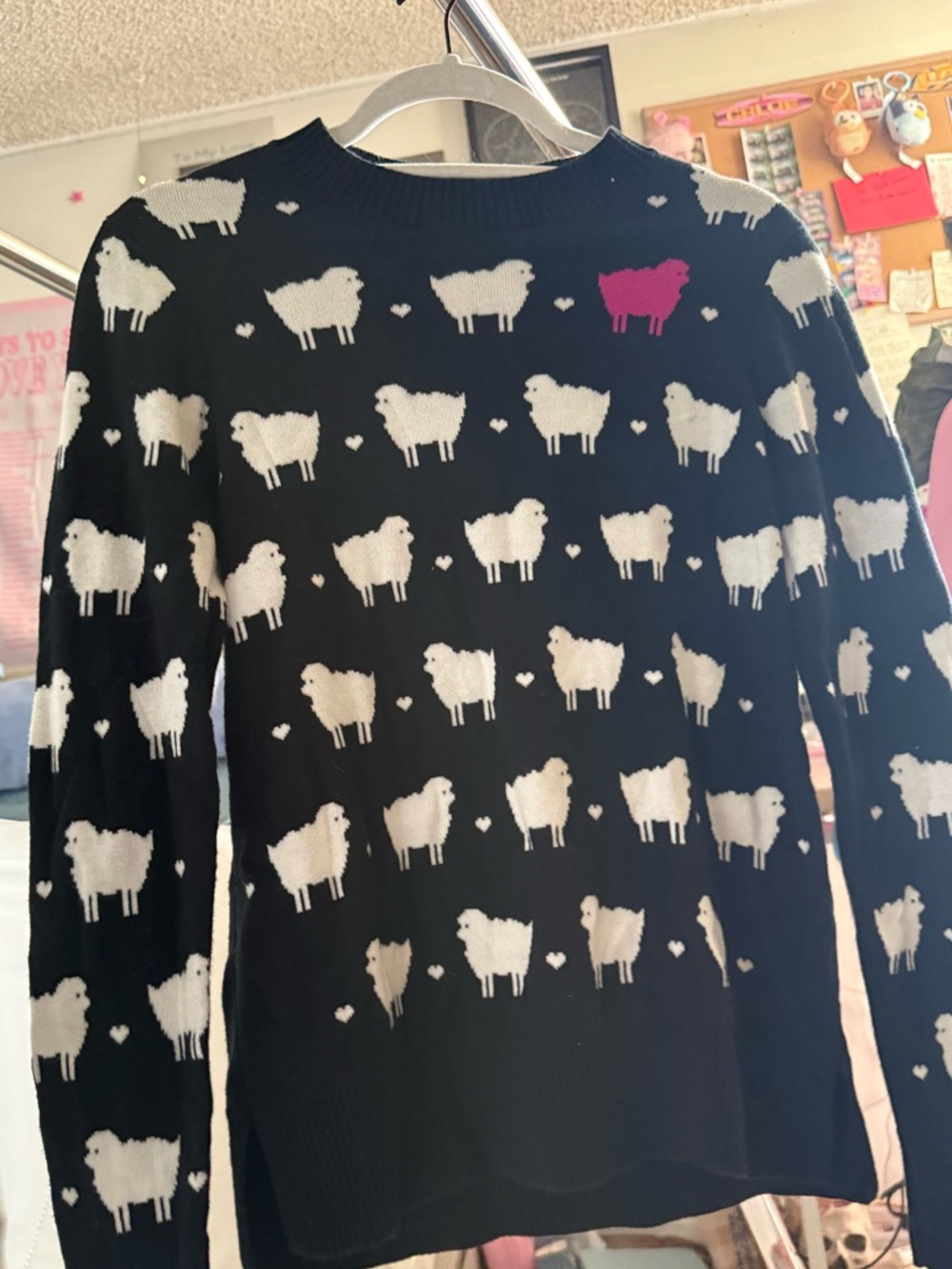 Charter Club Black Crewneck Sweater with White Sheep and Pink Accent